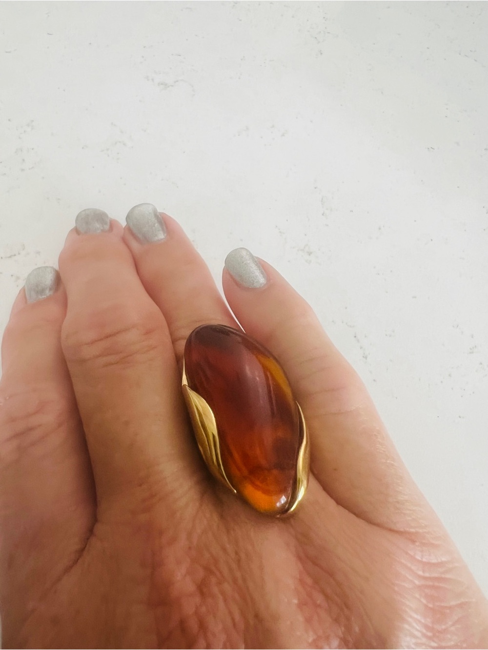 Elegant Amber Glass Statement Ring with Gold Accents
